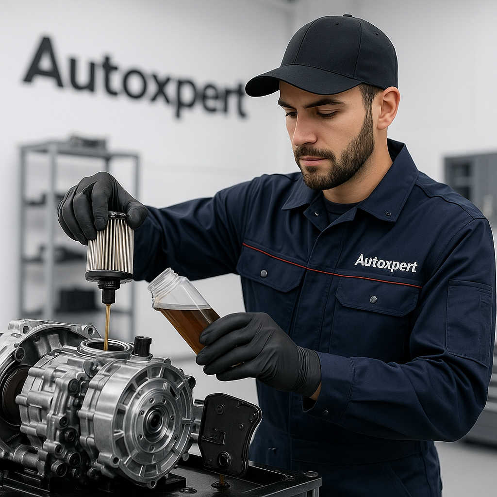 Mechaniker bei AutoXpert Flensburg beim Austausch von Öl und Hydraulikfilter am Automatikgetriebe